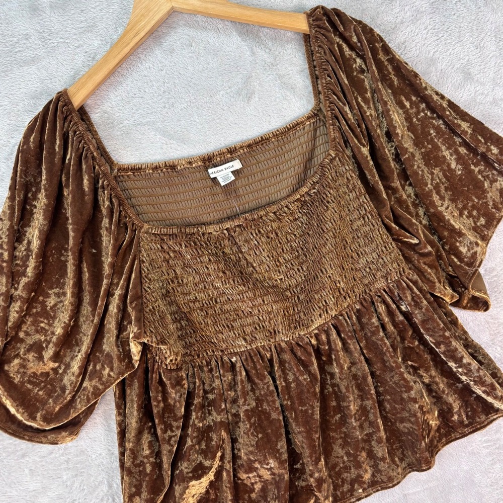 American Eagle Women's Brown Velvet Smocked Peplum Top Flutter Sleeve Sz XL NWT